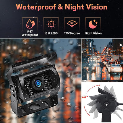 7 inch Draadloos Achteruitrijcamera Systeem – Achteruitrijcamera – Parkeercamera – Campercamera – Truckcamera – 2 Camera’s Met Split-Screen – IP67 Waterdicht & Nachtvisie – 12-24V - QUORE