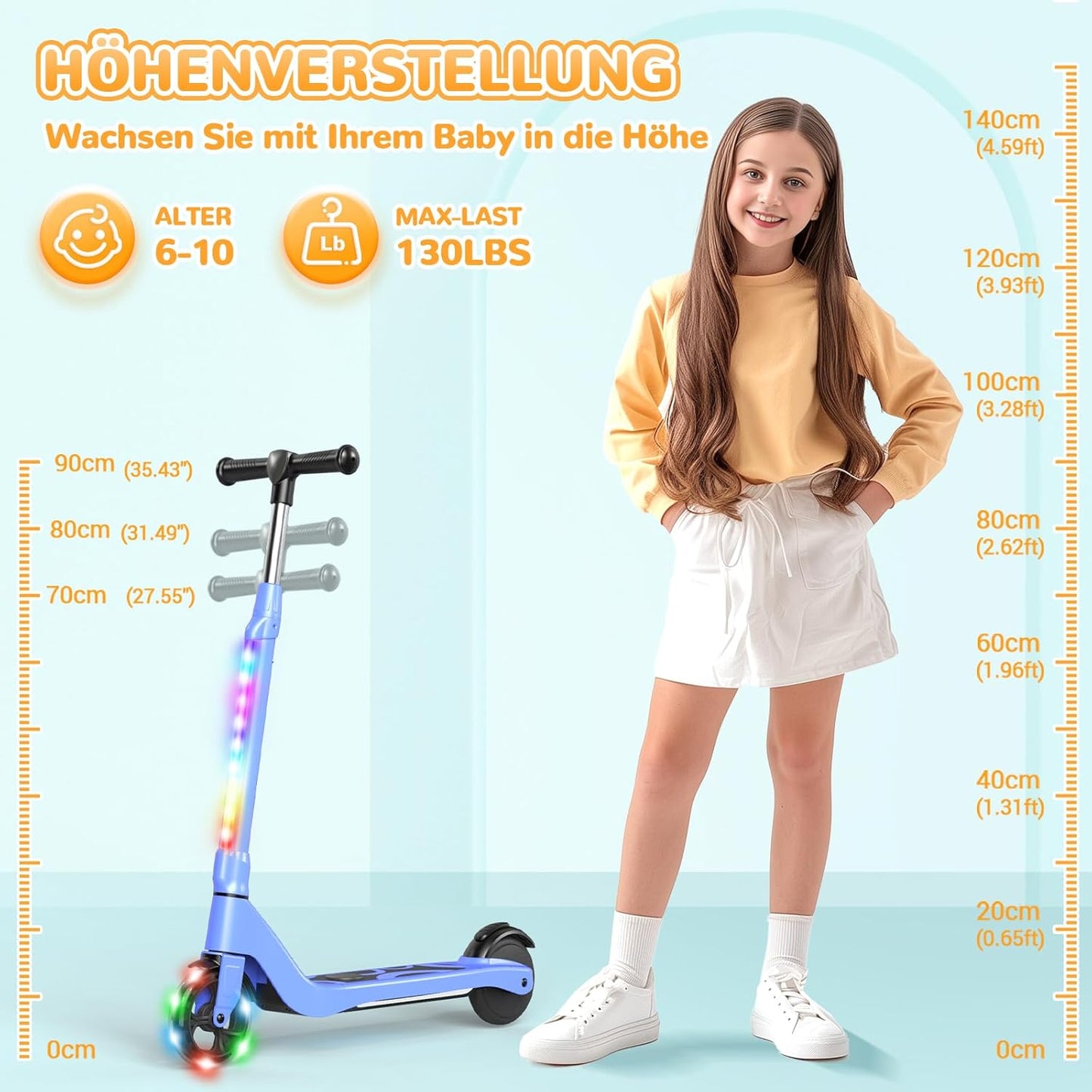SISIGAD E-step voor kinderen van 6 tot 10 jaar, met knipperende ledlampen en 3 instelbare hoogtes, elektrische step voor kinderen, 45 W motor, max. 10 km/u, maximale belasting 70 kg