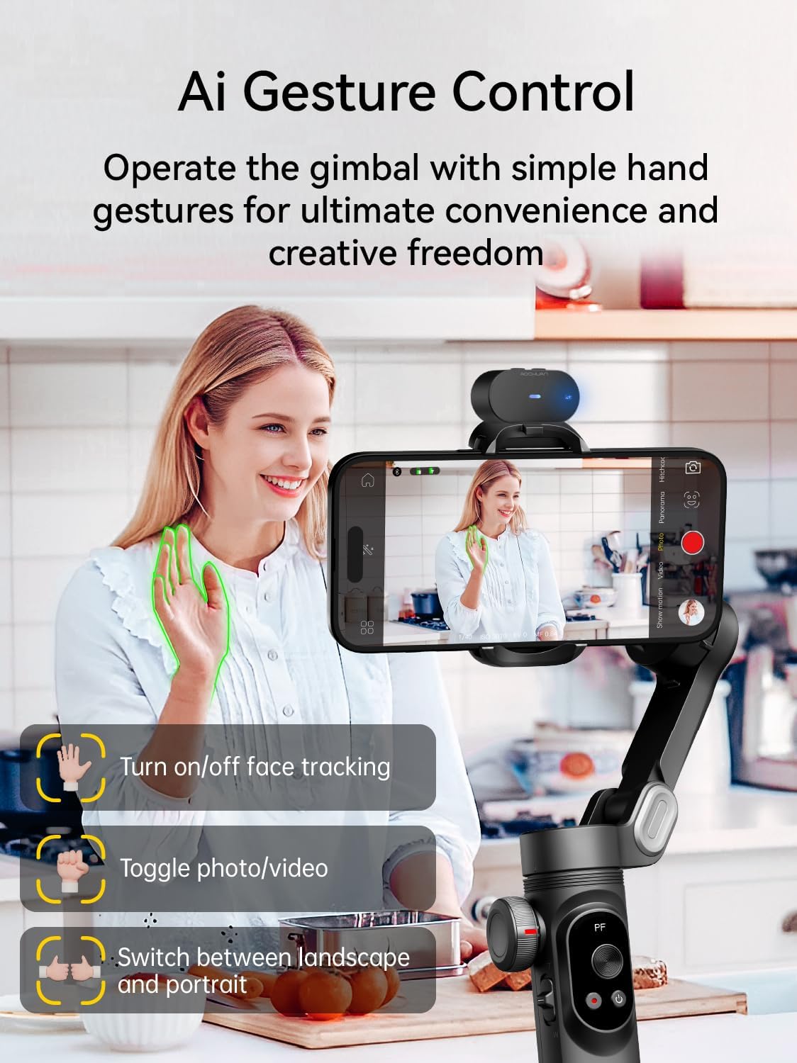 AOCHUAN Gimbal Stabilizer voor iPhone, Gimbal w/AI Vision Sensor voor Face Tracking, 3-assige telefoonstabilisator w/draadloos opladen voor vlog-opname, compatibel met iPhone/Android-Smart AI XPro
