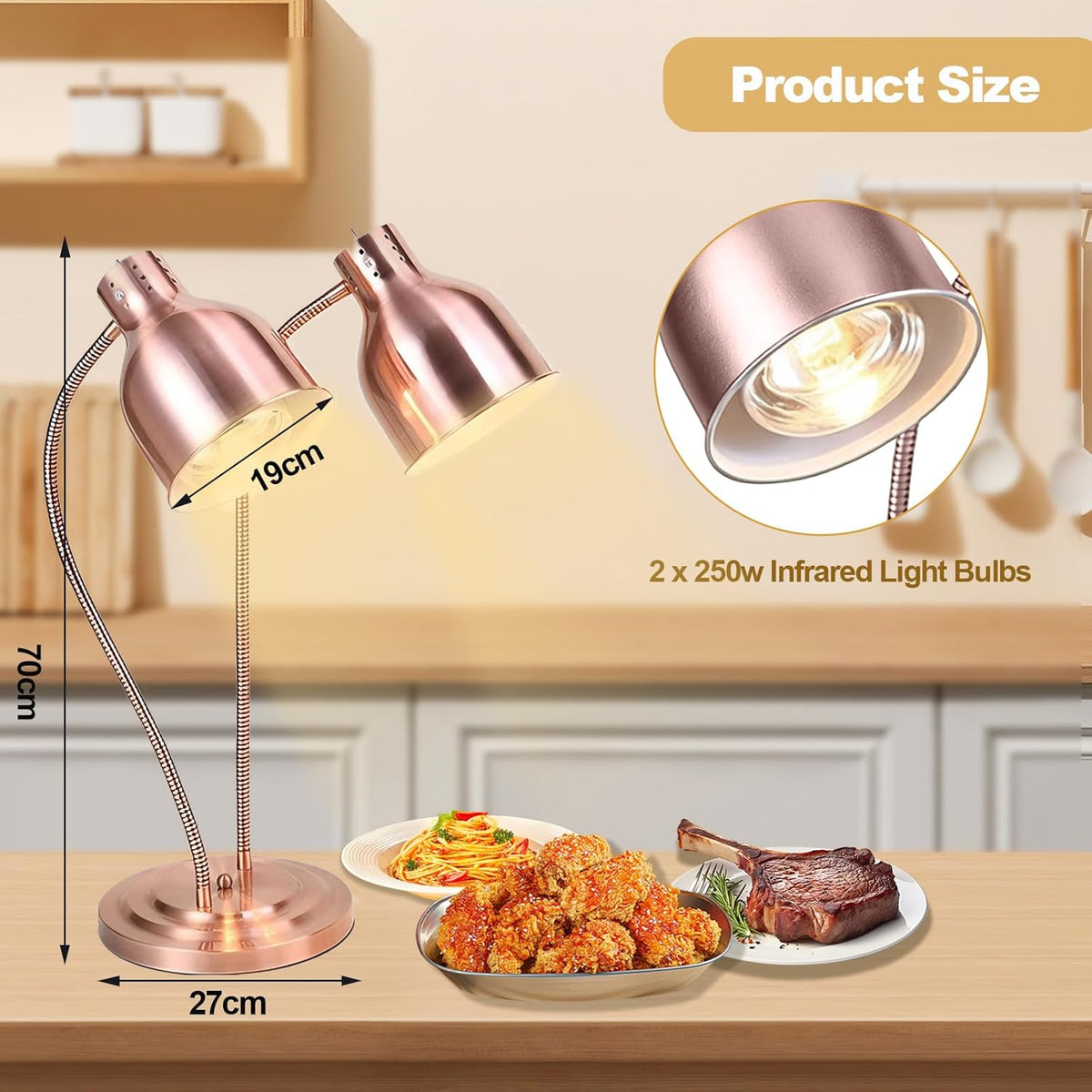 2 stuks voedselwarmtelamp, 360° verstelbare slang-voedselverwarmer, 2 x 250 W, infrarood voedselwarmer, warmtelamp, tot 70 cm uittrekbaar, voor buffetkeukens, restaurants en hotels