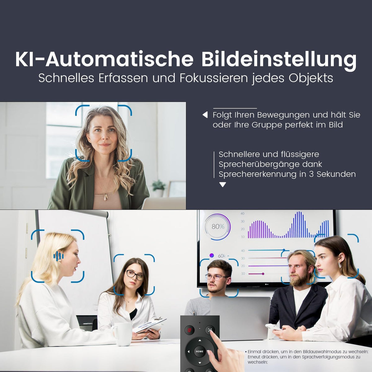 TONGVEO KI Automatische tracking 4K webcam met microfoons en luidsprekers, 5-voudige digitale zoom, ePTZ webcamera met afstandsbediening en twee microfoons, conferentie-webcam voor zoom, Skype, OBS