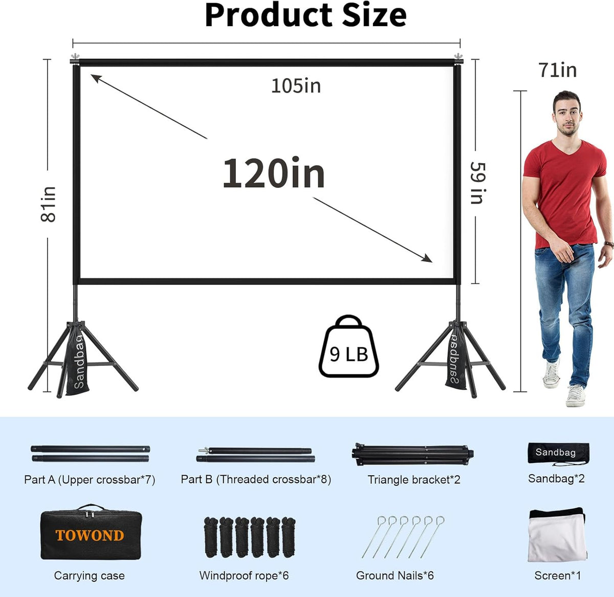 TOWOND 120 inch projectorscherm en standaard, 16:9 HD draagbaar verstelbaar projectiescherm voor binnen en buiten, projectiescherm voor en achter, draagtas inbegrepen voor thuis, tuin en camping