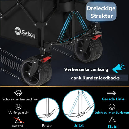 Sekey XXL Plus Opvouwbare Bolderwagen met remmen 200L 150KG draagvermogen, 17x10 cm extra brede banden voor alle terreinen, Gepatenteerd opvouwbaar in VIER richtingen, XXL-PlusB 4011, Zwart