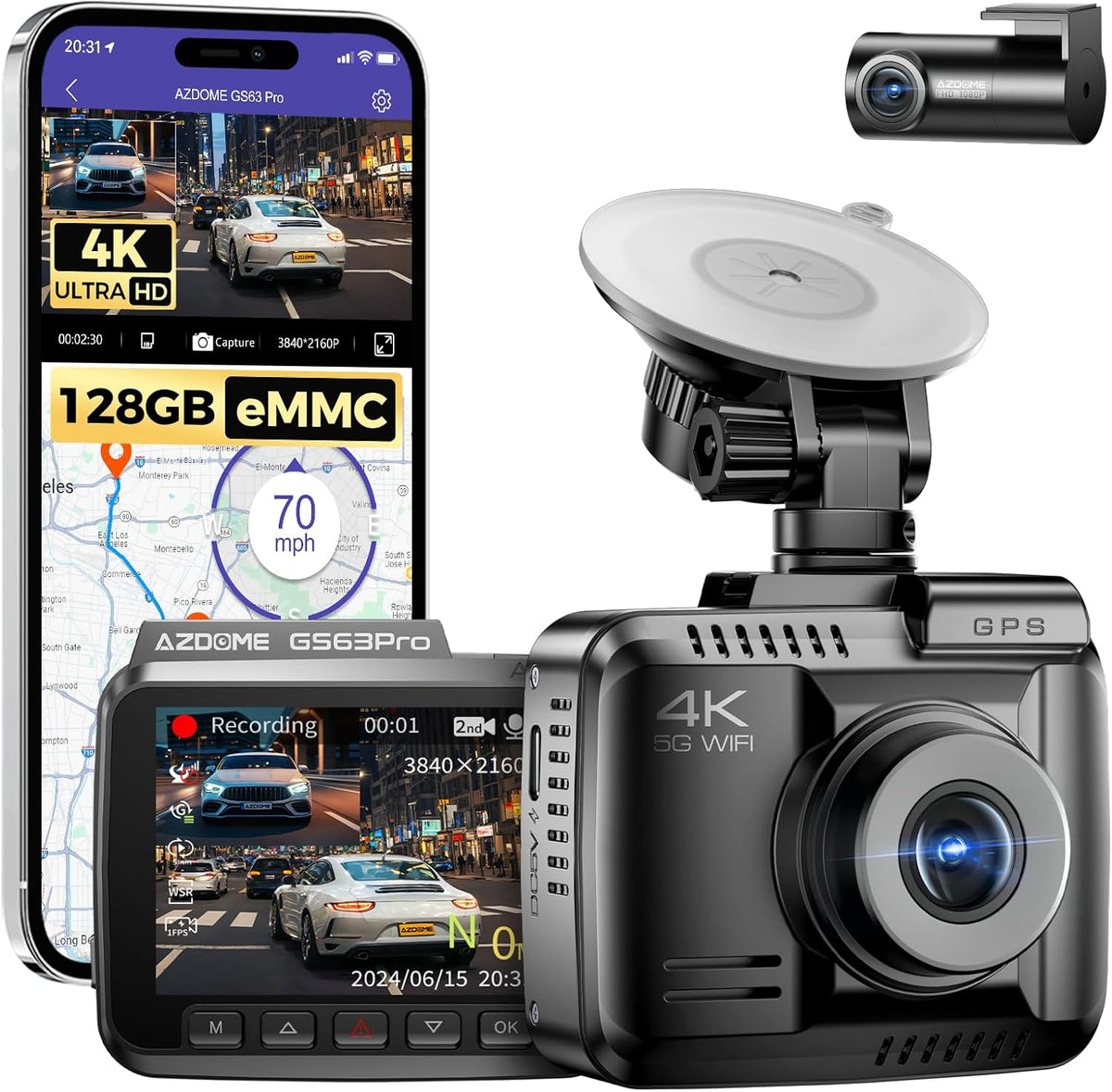 AZDOME 4K + 1080P autocamera, 5Ghz WiFi, 4K dashcamera aan de voorkant, ADAS, 128GB eMMC, HDR nachtzicht, GPS, parkeergroothoeklusopnamemodus (GS63Pro)