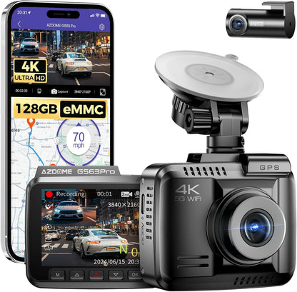 AZDOME 4K + 1080P autocamera, 5Ghz WiFi, 4K dashcamera aan de voorkant, ADAS, 128GB eMMC, HDR nachtzicht, GPS, parkeergroothoeklusopnamemodus (GS63Pro)