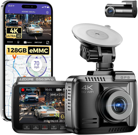 AZDOME 4K + 1080P autocamera, 5Ghz WiFi, 4K dashcamera aan de voorkant, ADAS, 128GB eMMC, HDR nachtzicht, GPS, parkeergroothoeklusopnamemodus (GS63Pro)