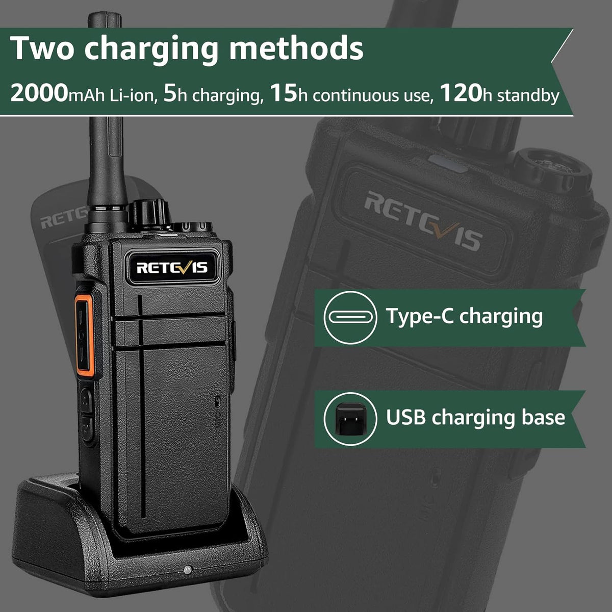 Retevis RB637 Bluetooth-walkie-talkie, bidirectionele radio met draadloze Bluetooth-hoofdtelefoon, type-C 2000mAh, VOX, zaklamp, draadloos exemplaar, PMR-walkie-talkie voor restaurant (zwart, 2 stuks)