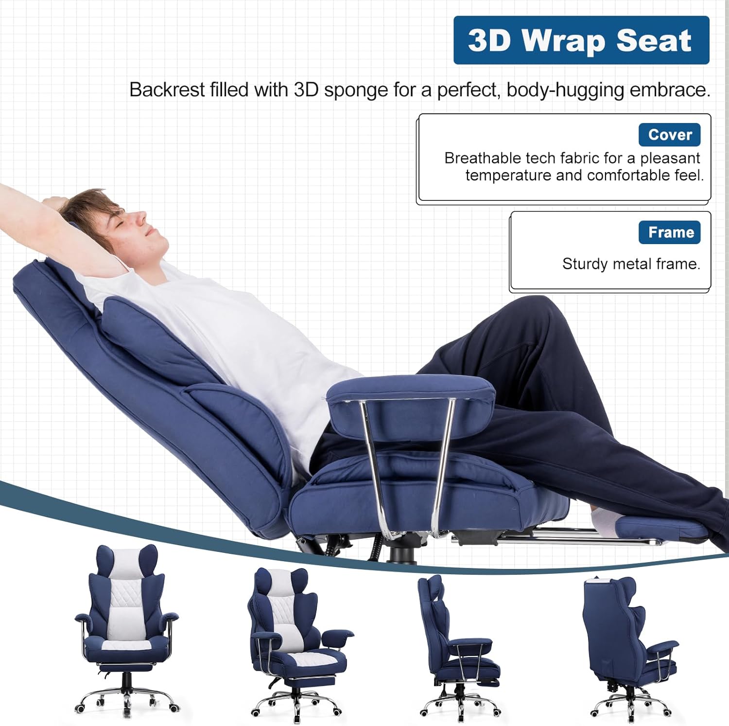 GTPLAYER Ergonomic Gaming Chair, Adjustable Gaming Chair, Office Chair with Footrest, Adjustable Backrest, for Work and Game, Technical Fabric, Dark Blue - QUORE