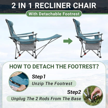#WEJOY 2-in-1 campingstoel, opvouwbaar met voetensteun, gevoerde ligstoel met verstelbare rugleuning, relaxstoel, ligstoel met bekerhouder, ligstoel voor outdoor, camping, cyaan, set van 2