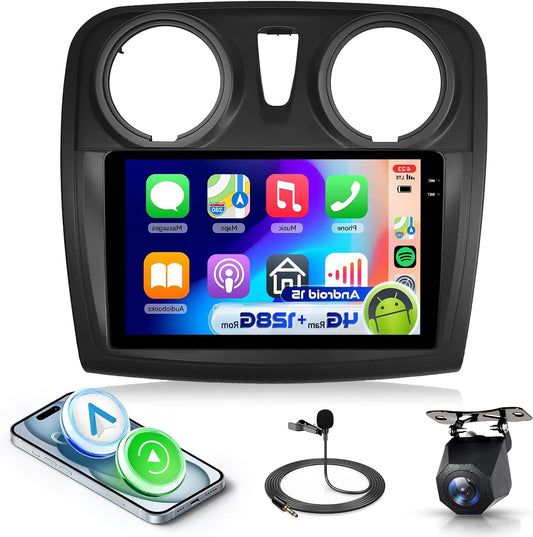 4G&128G VECHTEL 9" Car Radio for Renault Dacia Logan 2 Sandero B52 2012-2019 with CarPlay Android Auto, Android 15, Touch Screen,Mirror link,Bluetooth RDS/FM Radio, WiFi GPS/AHD Rear View Camera - QUORE