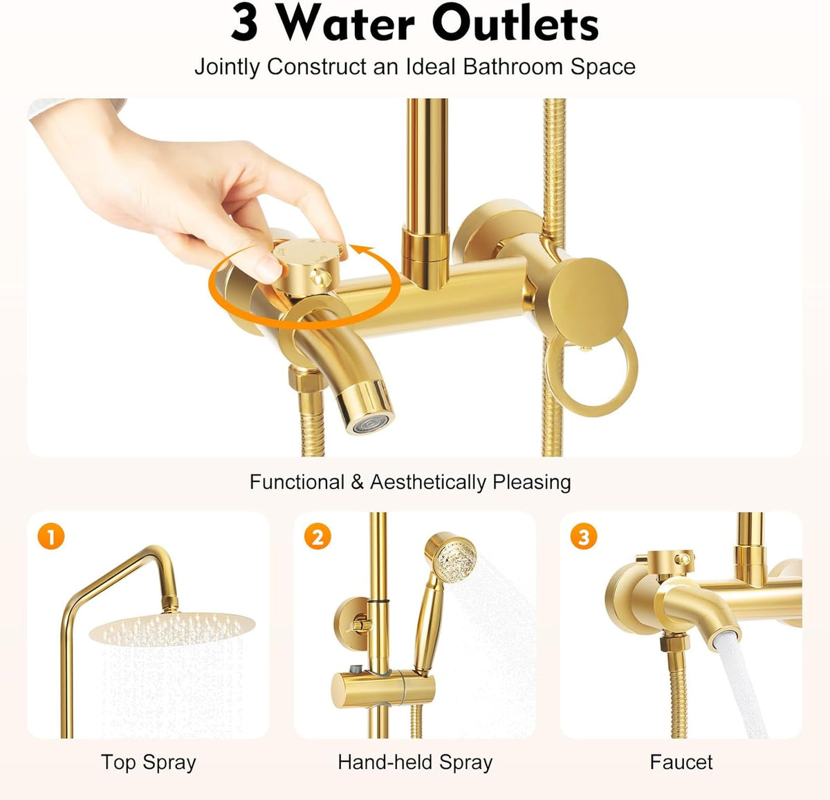 Douchesysteem Roestvrij Staal – Douche Set – Regendouche – Handdouche – Badkamer Paneel – Verstelbare Hoogte 80-117 cm – Gouden Kleur & 360° Draaibare Regendouchekop
