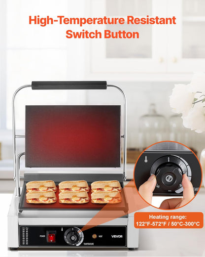 VEVOR Panini-elektrische grill voor panini, 2200 W, platte geëmailleerde plaat, 34,2 x 23,5 cm, sandwich van roestvrij staal, handgreep met temperatuurregeling