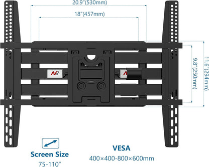 TV Wandbeugel – TV Muurbeugel – TV Beugel – TV Muursteun – TV Ophangbeugel – Voor 75-110 Inch – Dubbele Arm, Draagkracht Tot 90,9 Kg