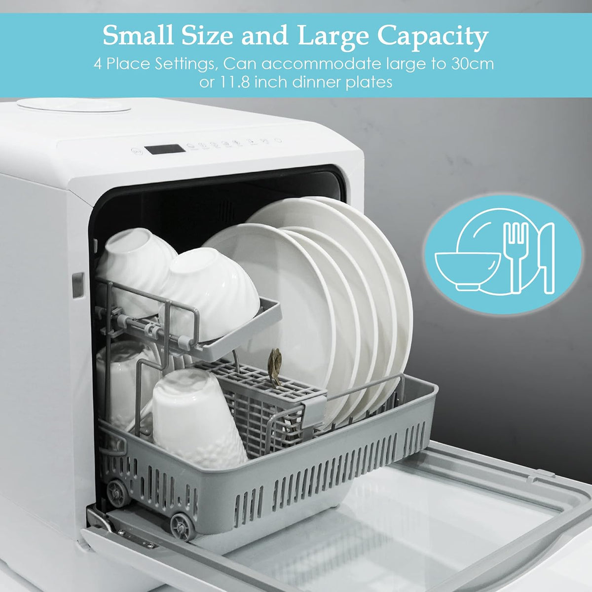 Mini Table Dishwasher, Portable, 5 Programs, Two Water Supply Modes with Touch Control, LED Display, Fruit Wash, Free Installation, White