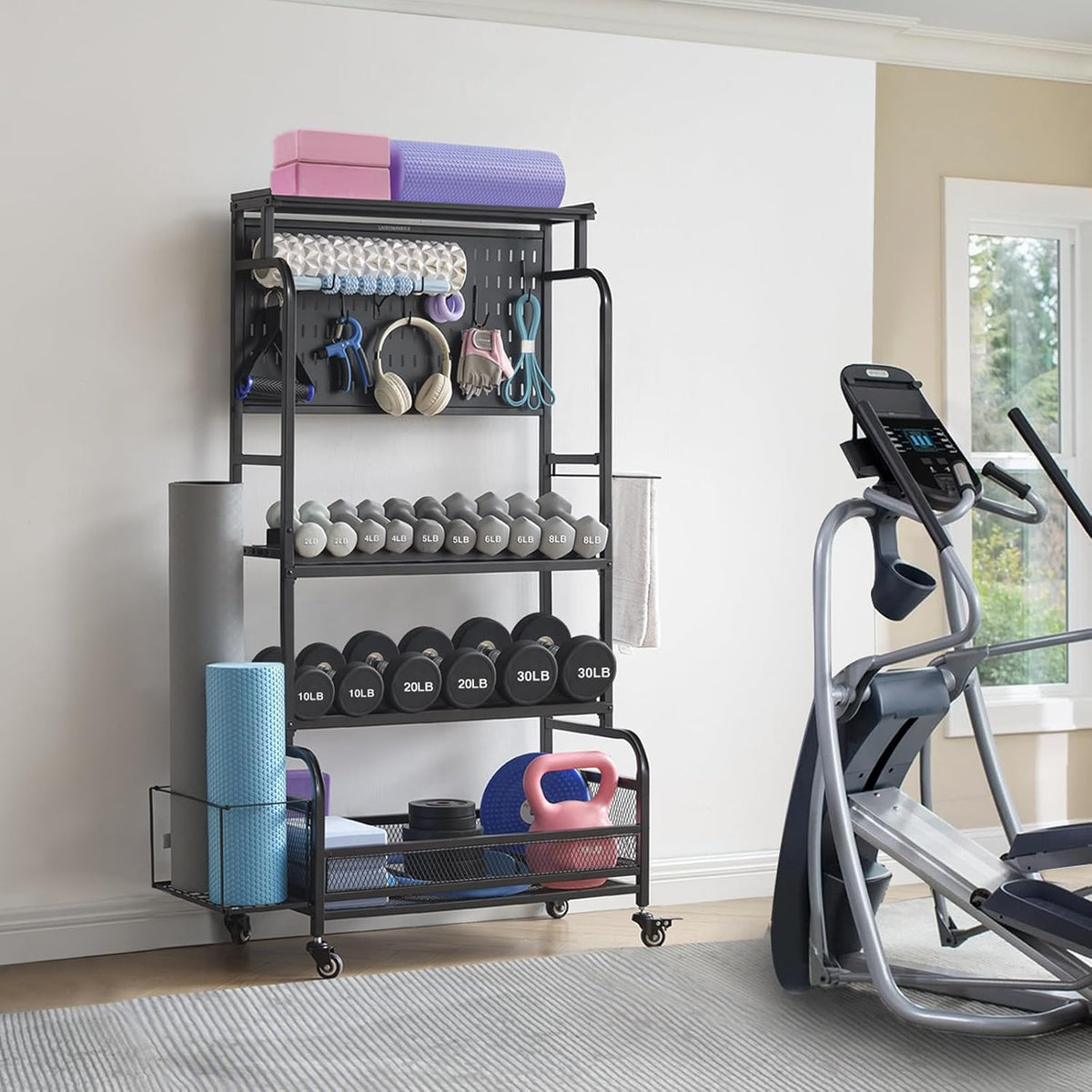 56" Taller Home Gym Storage Organizer, Yoga Mat Storage Rack with Hanging Board, Exercise Workout Equipment Storage Stand for Home Gym, Dumbbell Holder Kettlebell Rack with Wheels and Hooks - QUORE