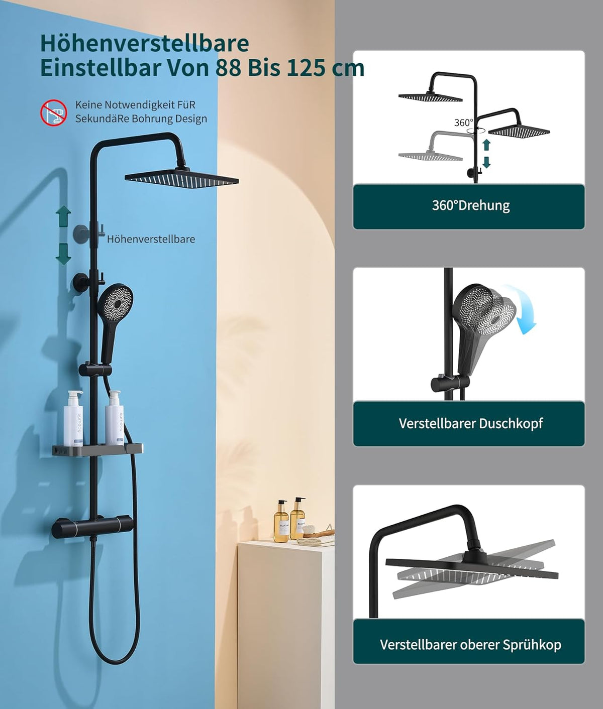 Thermostatisch Douche Systeem – Douche Set – Regendouche – Handdouche – Douchestang – Mat Zwart – Instelbare 38-48°C Temperatuur – 360° Draaibare Regendouche 30x20 cm