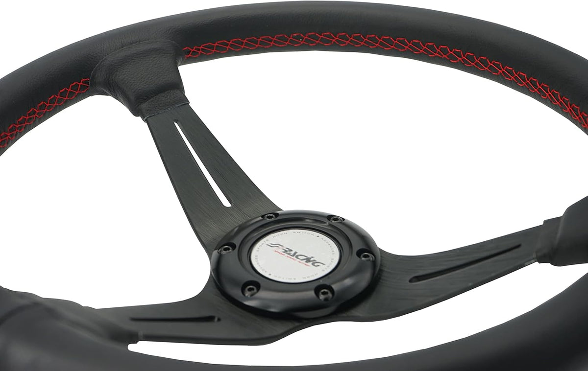 Sportief Universeel Stuur – Sportstuur – Leren Stuur – Auto Stuur – Racing Stuur – Echt Zwart Leer – Rode Stiksels – Diameter 350 mm