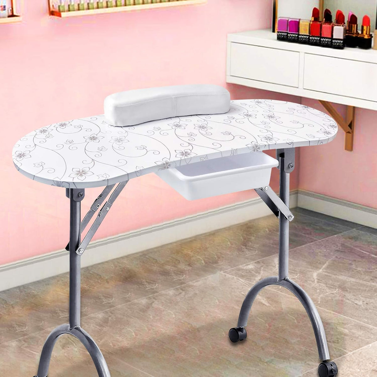 Kalolary manicure nageltafel, draagbaar opvouwbaar stationbureau Nagelkunst schoonheidstechnicus bureau met rollende wielen, draagtas, lade, spons (wit)