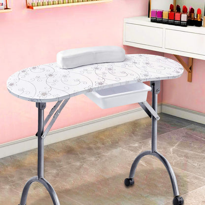 Kalolary manicure nageltafel, draagbaar opvouwbaar stationbureau Nagelkunst schoonheidstechnicus bureau met rollende wielen, draagtas, lade, spons (wit)