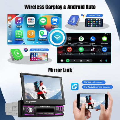 SIXWIN 2 + 64 GB 1 DIN Android 13 autoradio met Carplay Android Auto Mirrorlink, 7 inch touchscreen, uitschuifbaar handmatig met wifi, GPS, Bluetooth, RDS/FM 2 USB TF AUX