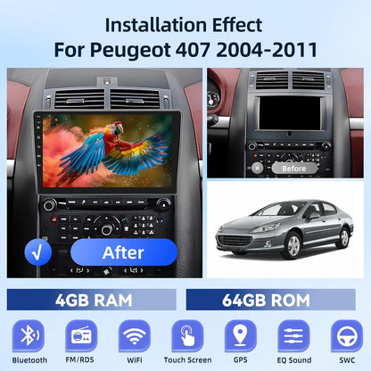 [4G+64G] Android Car Radio for Peugeot 407 2004-2011 with Wireless Carplay & Android Auto, 9 inch IPS Touch Screen Car Stereo with GPS, WiFi, 32EQ, Bluetooth 5.0, FM/RDS Radio
