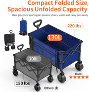BELEEV Inklapbare Handwagen, Zware Klasse All-Terrain Handwagen met 6in Grote All-Terreinwielen, 130L Grote Capaciteit, Zijzakken & Drankhouders voor Strand Tuin Camping Sport Winkelen -Blue