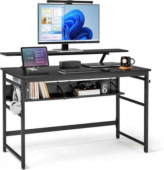 Mondeer Computerbureau, werkstation schrijfbureau met 2 verstelbare opbergplanken en grote monitorstandaard, ruimtebesparend voor thuiskantoor studio, 120 x 60 x 90 cm, zwart