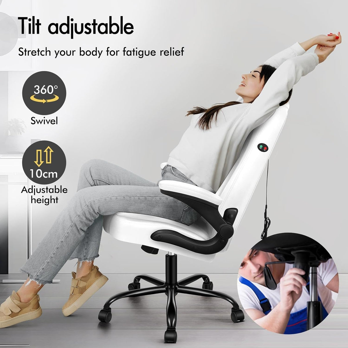 ALFORDSON Massage Bureaustoel, Ergonomische Computerstoel met Armleuning, Kunstleren Bureaustoel, Draagvermogen 150 kg, Rugleuning 90-135°, In Hoogte Verstelbaar, Wit
