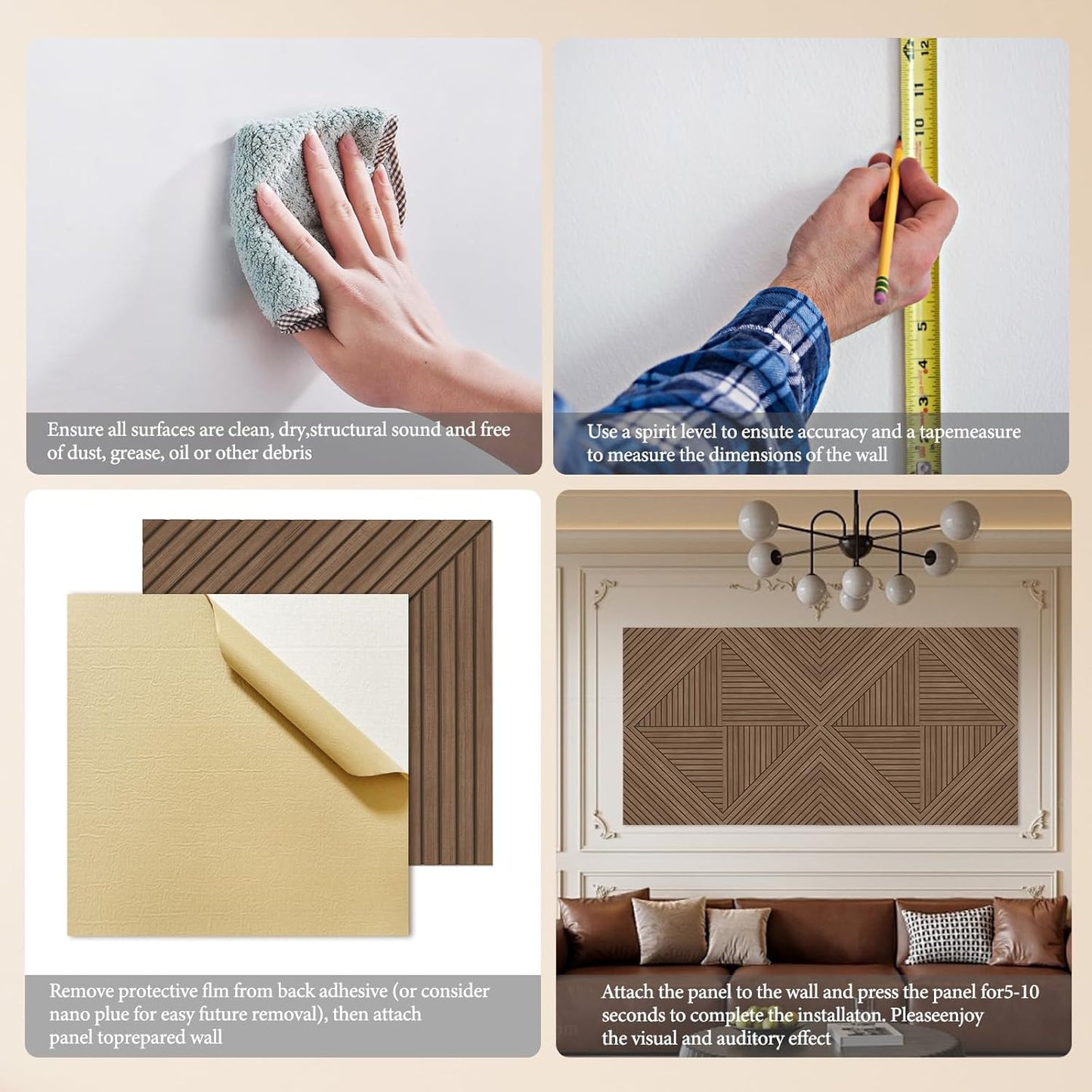 Akoestische panelen – Geluidsabsorberende panelen – Geluiddempende wandpanelen – Akoestische wandpanelen – Decoratieve wandpanelen – Teak, Set van 6 – Zelfklevend – Polyestervezel met hoge dichtheid