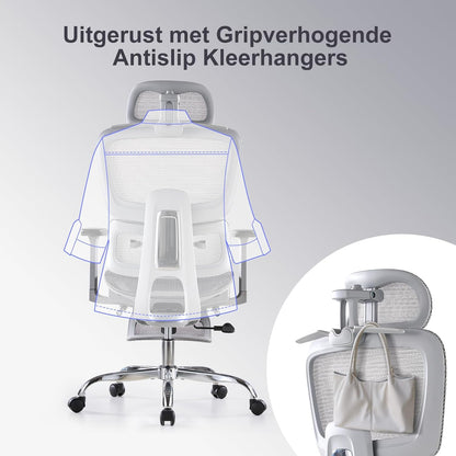 Ergonomische Bureaustoel met Voetensteun - 5-Zones Verstelbare Rugleuning, 2D Lendensteun, 3D Arm-/Hoofdsteun, 145° Kantelfunctie + Ademend Net voor Kantoor/Thuiswerk/Studie, Grijs
