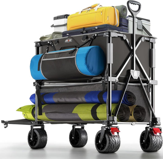 Overmont 400 l opvouwbare wagen met twee verdiepingen – opvouwbare wagen met grote capaciteit – verlenging van 132 cm, grote offroad-wielen voor kamperen, voetbalwedstrijden, sportevenementen
