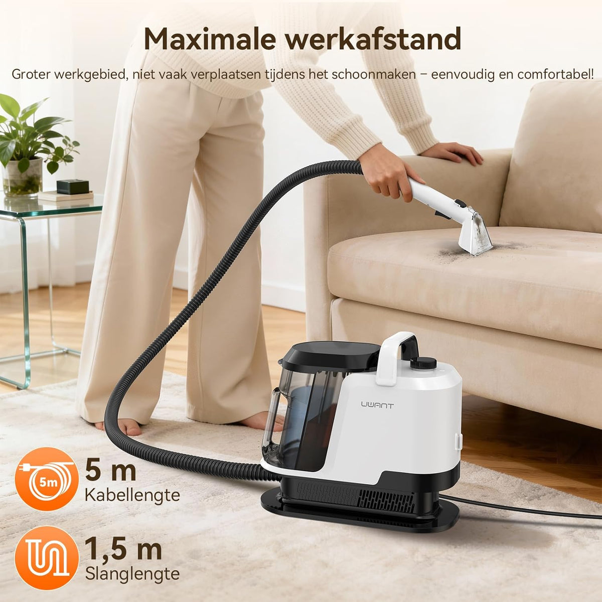 Tapijtreiniger – Vlekkenverwijderaar – Stoffenreiniger – Meubelreiniger – Schoonmaakmachine – Krachtige Zuigkracht 18 kPa – 600 Watt Motor – Dubbelzijdige Borstel – 2 Watertanks 1,2 L – Voegborstel – Zwart-Wit Variant