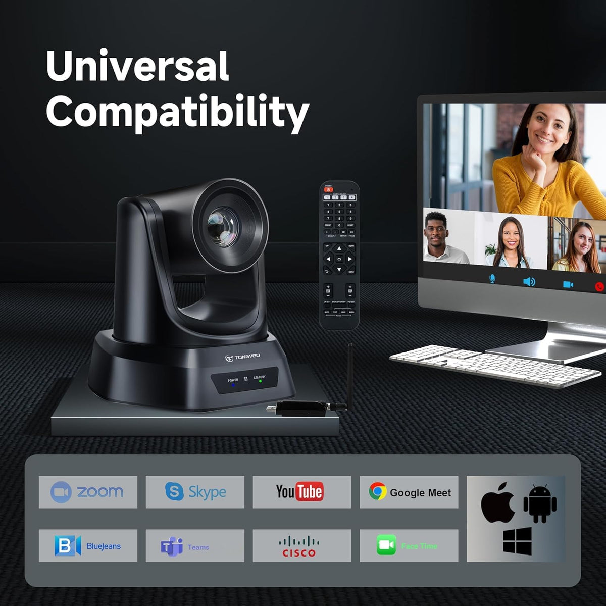 TONGVEO 5,8 GHz draadloze conferentieruimte webcam, kerk live streaming 3X USB 1080P 60fps PTZ-camera voor diensten online conferentie, werkt met zoom, Skype OBS eenvoudig te installeren