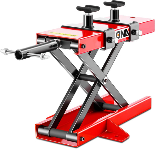 DNA MOTORING TOOLS-00289 Motorfiets schaarhefstandaard met zadel en pennen, 500 kg, hefbereik 9,3-37,5 cm
