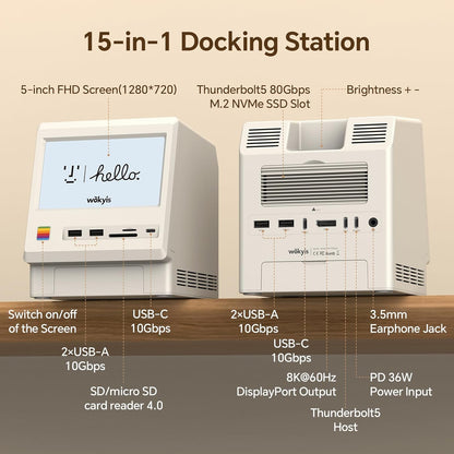 M5 Retro Dock Station voor Mac mini M4 Pro, 80Gbps M.2 NVMe SSD-behuizing met koelventilator, compatibel voor Thunderbolt 5/4/3/USB 4, 5'inch HD-scherm, SD/Micro SD Reader 4.0, 8K @60Hz