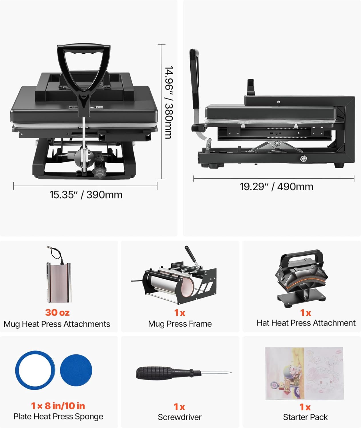 VEVOR Hybride warmtepers, 15 x 15 inch, 5-in-1 multifunctioneel, snel en gelijkmatig opwarmen, gloednieuw gepatenteerd ontwerp, eenvoudig te bedienen, sublimatiepersmachine voor T-shirts, mokken