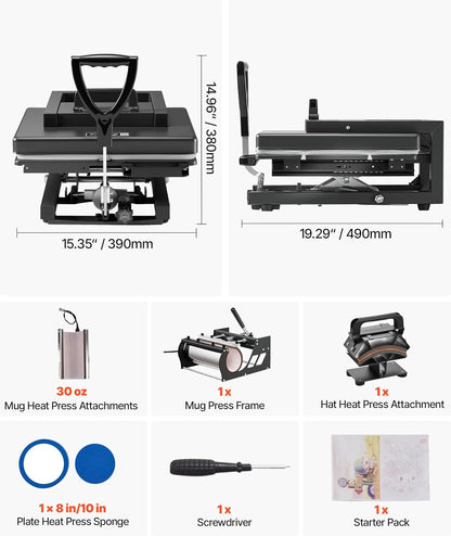 VEVOR Hybride warmtepers, 15 x 15 inch, 5-in-1 multifunctioneel, snel en gelijkmatig opwarmen, gloednieuw gepatenteerd ontwerp, eenvoudig te bedienen, sublimatiepersmachine voor T-shirts, mokken