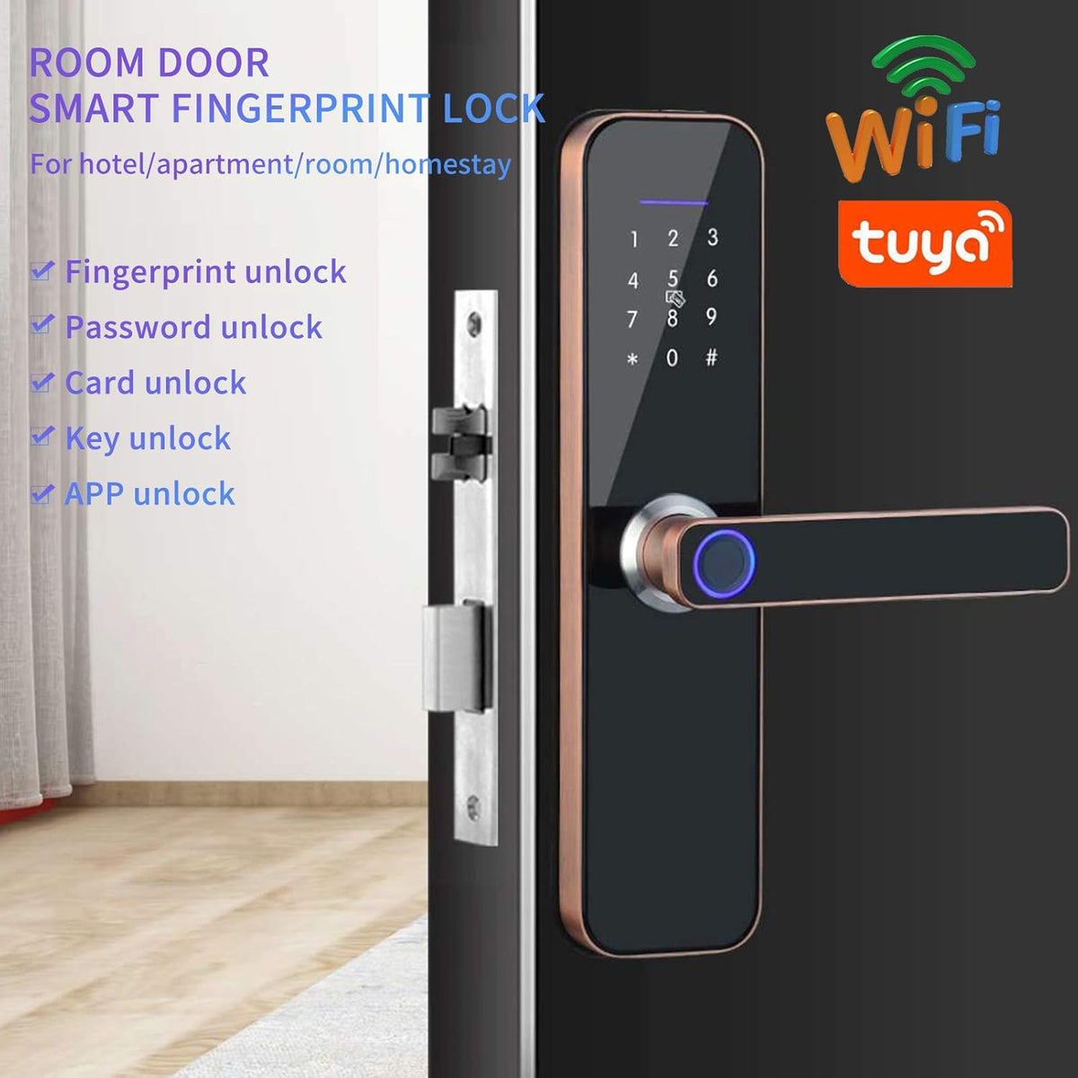 Keyless Entry Smart Door Lock,Smart WiFi App Key Biometrische Vingerafdruk Unlock Keyless Entry Deurslot Veilige Voordeur Handvat, IC Card, Anti-peep Code, voor Home Office Appartement Garage School
