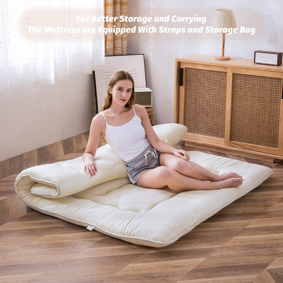 MAXYOYO Japanse vloer futon matras, verdikt tatami slaapmat opvouwbaar oprolbaar slaapzaal matpad vloer lounger kussen bed (gebroken wit, dubbel)
