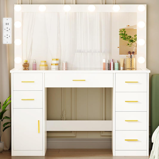 ANWBROAD Large Dressing Table with 3 Adjustable LED Lights and Socket, Modern Vanity Table with Mirror, Dressing Table with Glass Top, 7 Drawers, White 140 x 110 x 40 cm BDT83W - QUORE