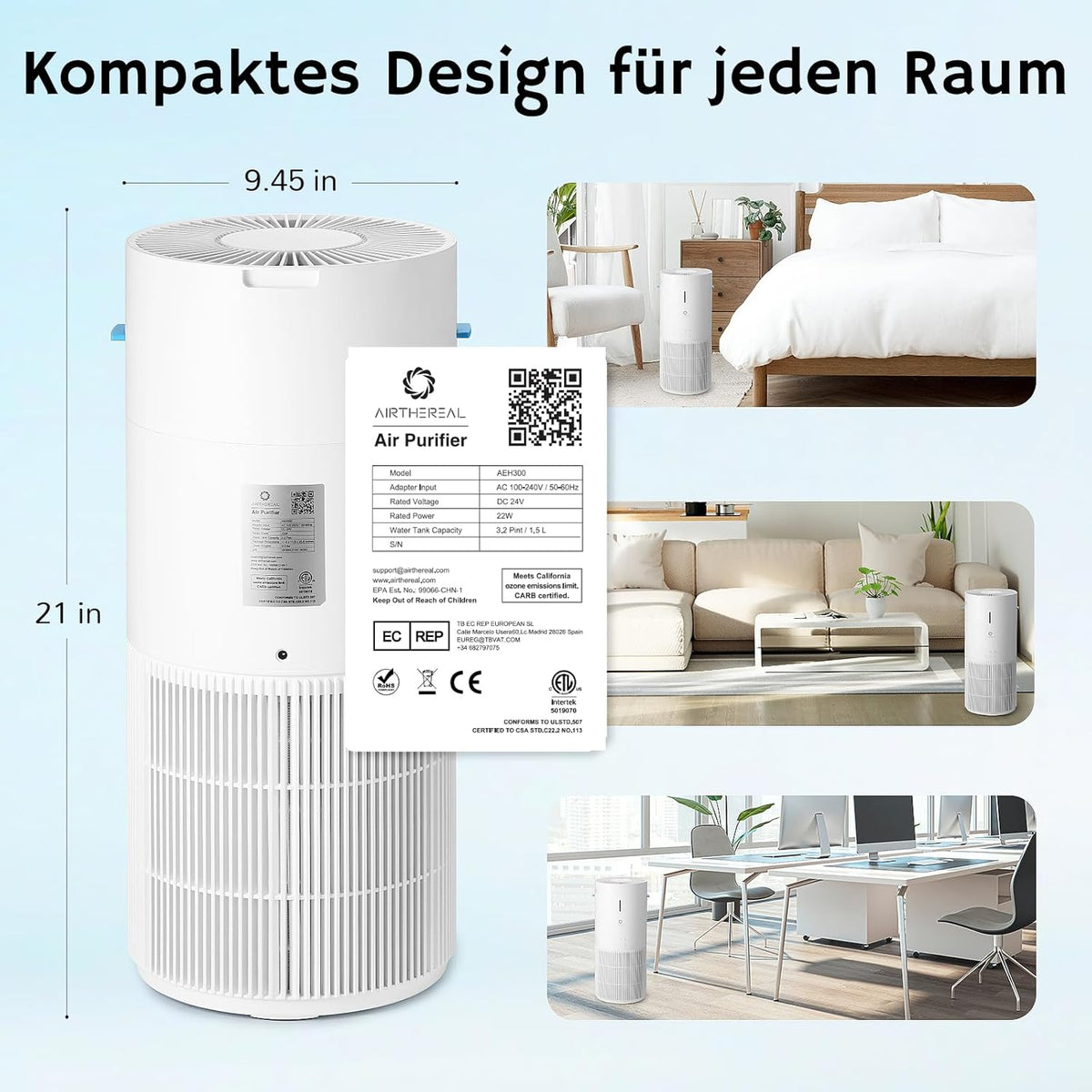 Airthereal AEH300 2-in-1 luchtreiniger en luchtbevochtiger, 125 m², 3-traps filter, luchtkwaliteitsmonitor, stille slaapmodus, luchtbevochtiger met automatische vochtigheidsmonitor, AEH300