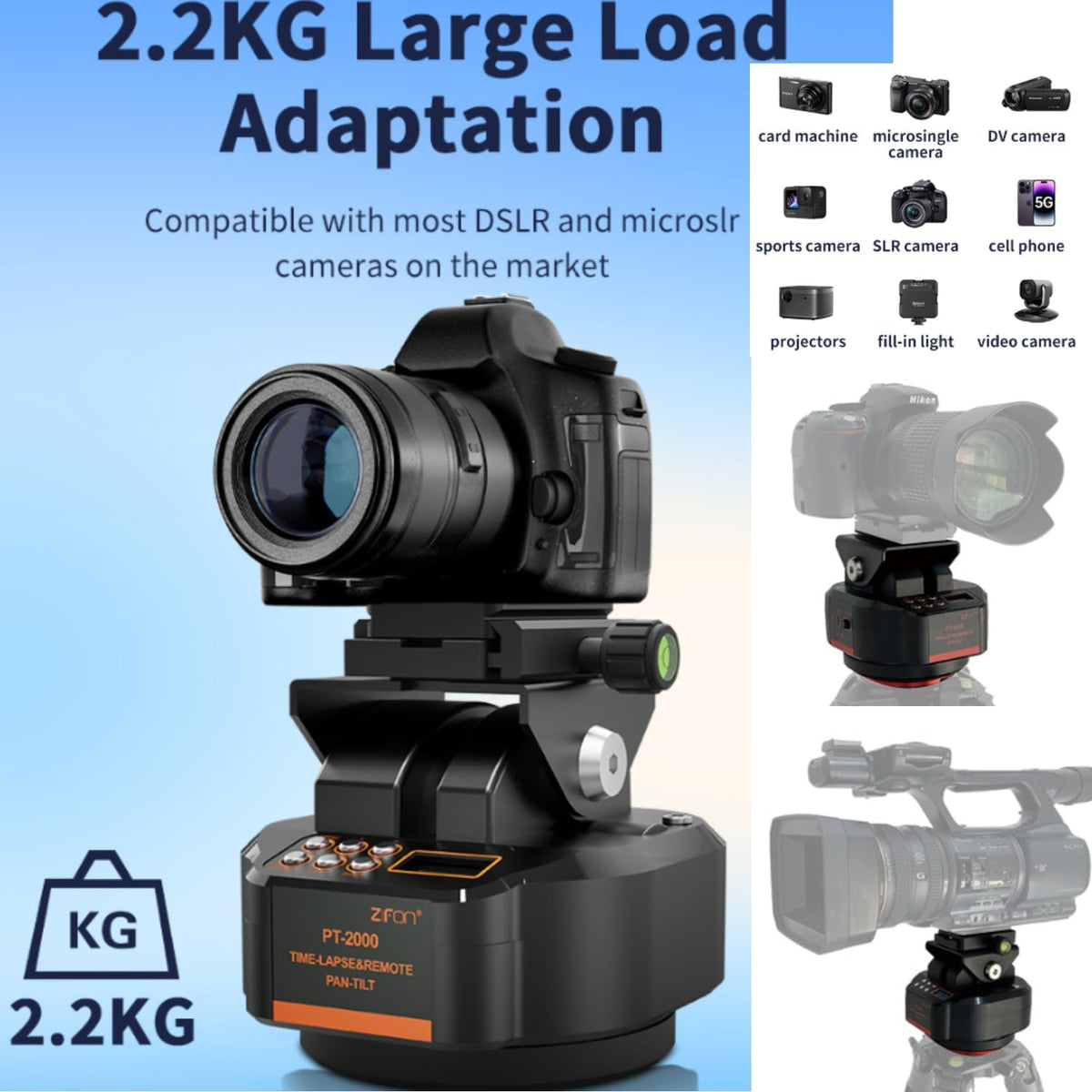 Zifon PT2000 – gemotoriseerde 360° panoramakop met draadloze afstandsbediening (2,2 kg draagkracht) – elektronische zwenk-kantelstatiefkop voor DSLR, smartphone en video