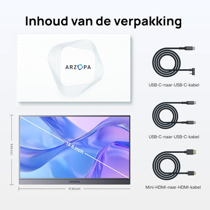 Draagbare Monitor 15,6" – Extra Scherm – Mobiel Beeldscherm – Laptop Monitor – Tweede Beeldscherm – Ultradun en Lichtgewicht – Full HD IPS met HDR10 – Grijs