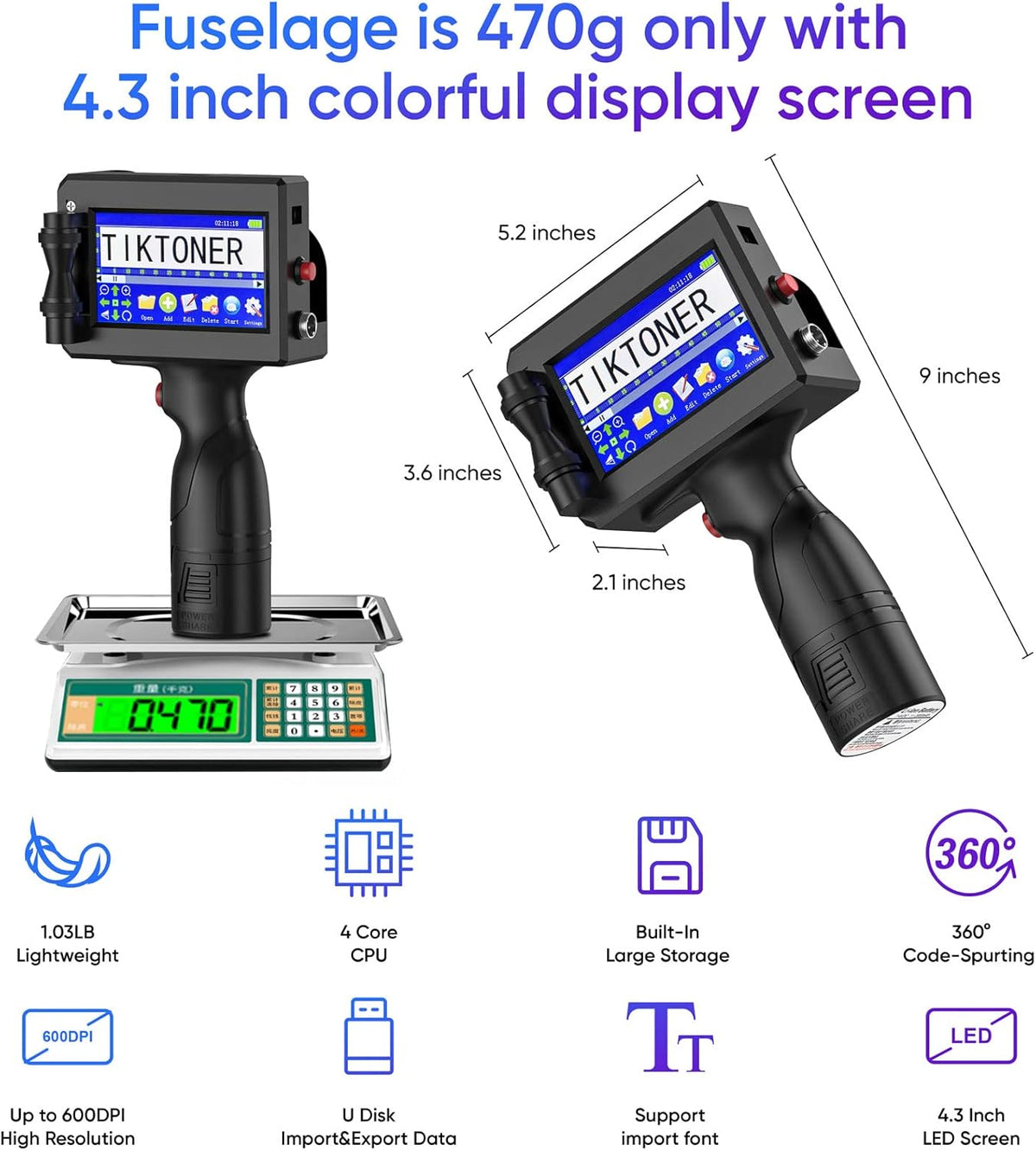 Draagbare Handprinter – Handheld Inkjetprinter – Mobiele Inkjetprinter – Handinkjetprinter – Voor Datum, Chargenummer, QR-Code En Barcode – Instelbare Printhoogte 2 Tot 12,7 Mm – 4,3 Inch HD-Touchscreen