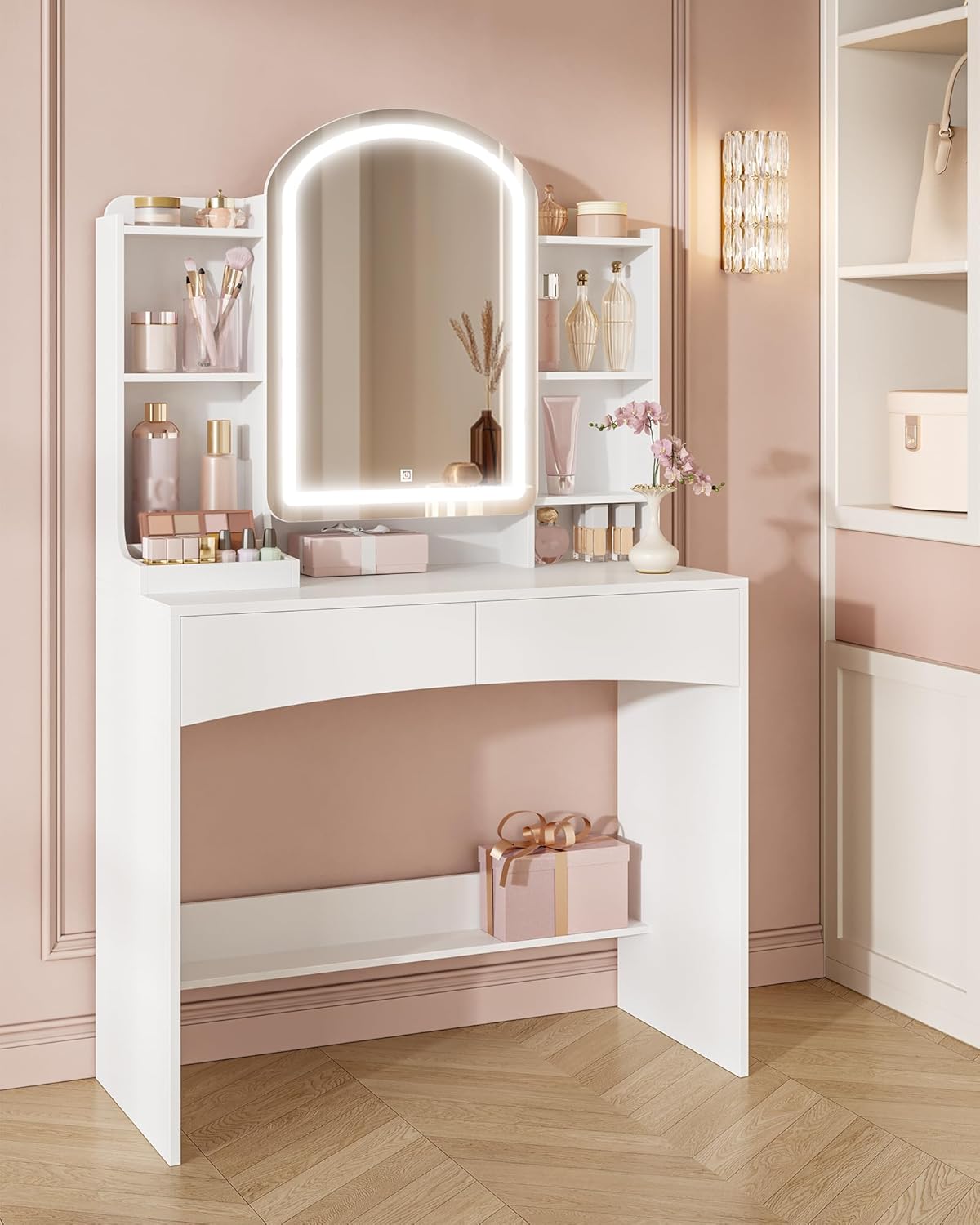 Hzuaneri LED Makeup Table, Large 90 cm Tabletop, Dressing Table with Curved Round Mirror, Hidden Jewellery Shelf Behind Mirror, 3 Colours, White DT41403XEU