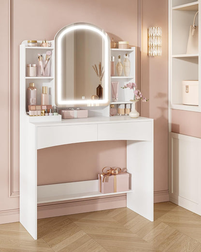 Hzuaneri LED Makeup Table, Large 90 cm Tabletop, Dressing Table with Curved Round Mirror, Hidden Jewellery Shelf Behind Mirror, 3 Colours, White DT41403XEU