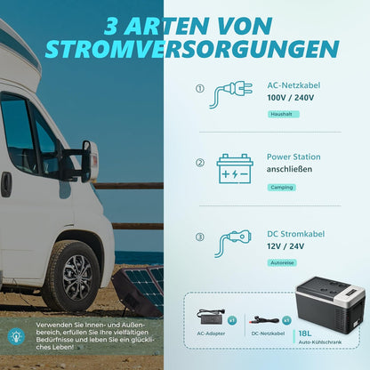 EUHOMY Compressorkoelbox, 18 l, auto-koelkast -20 °C ~ 20 °C, draagbare koelkast, 12/24 V DC 100-240 V AC, draagbare vriezer met wifi-app-besturing voor camping, reizen, boot