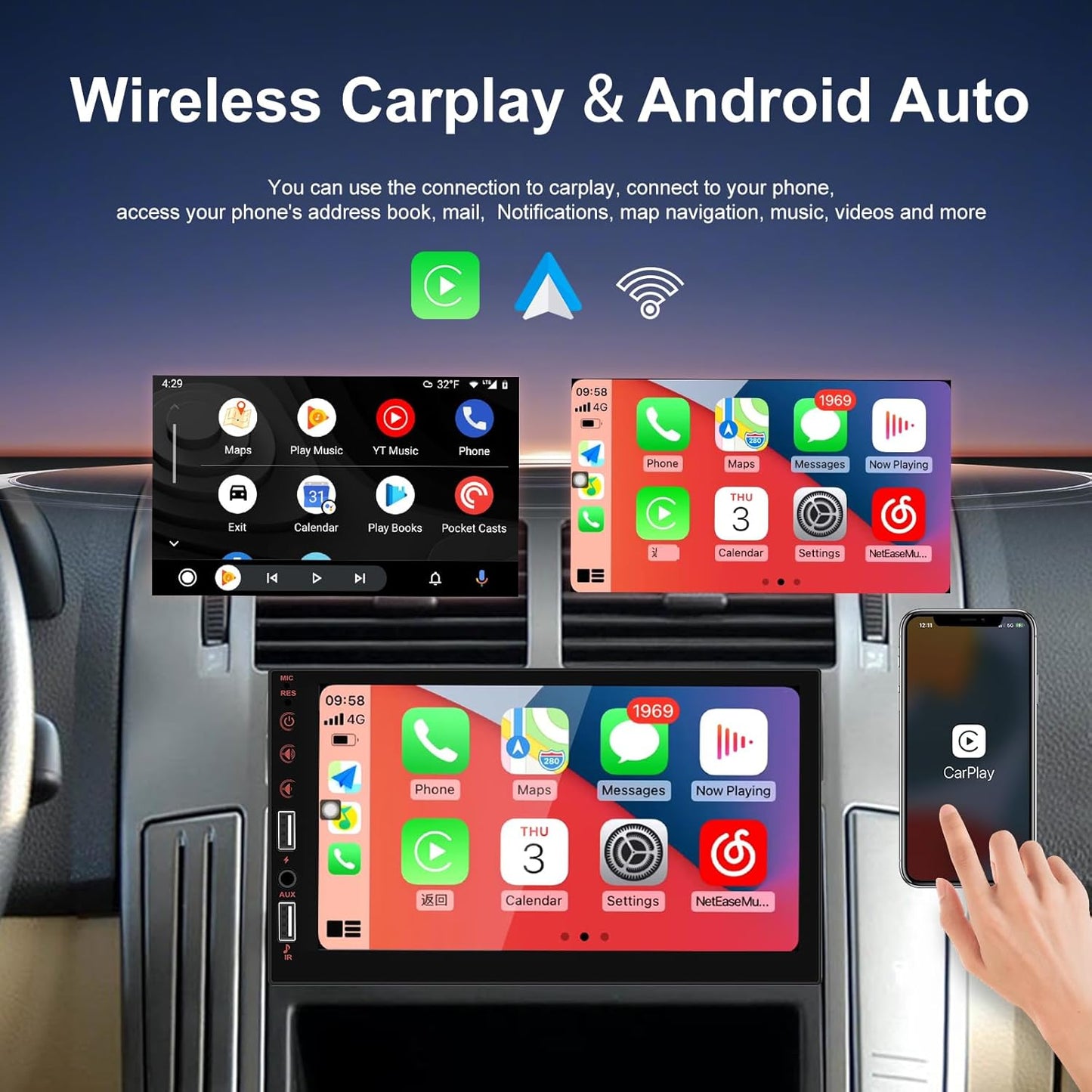 Hikity - Car radio 1 Din Wireless Carplay Android Car with screen 7 inch touch display car radio with Bluetooth hands-free system Mirror Link FM Radio USB/AUX/SWC/Mic rear view camera - QUORE