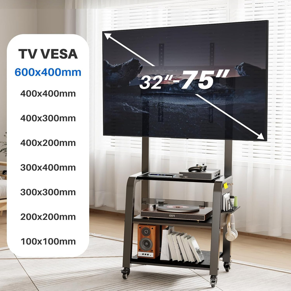 TV-vloerstandaard voor 32 tot 65 inch LED/LCD/OLED-tv's, rollende tv-kar met 3-laags mediaplank, 3 niveaus in hoogte verstelbaar ontwerp, houdt 110 lbs, max. VESA 600 x 400 mm