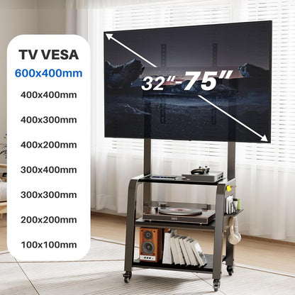TV-vloerstandaard voor 32 tot 65 inch LED/LCD/OLED-tv's, rollende tv-kar met 3-laags mediaplank, 3 niveaus in hoogte verstelbaar ontwerp, houdt 110 lbs, max. VESA 600 x 400 mm